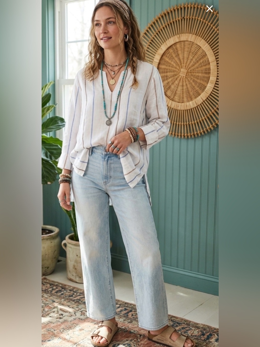 Lands' End Striped Linen Split Neck Tunic Blouse - Medium - pockets